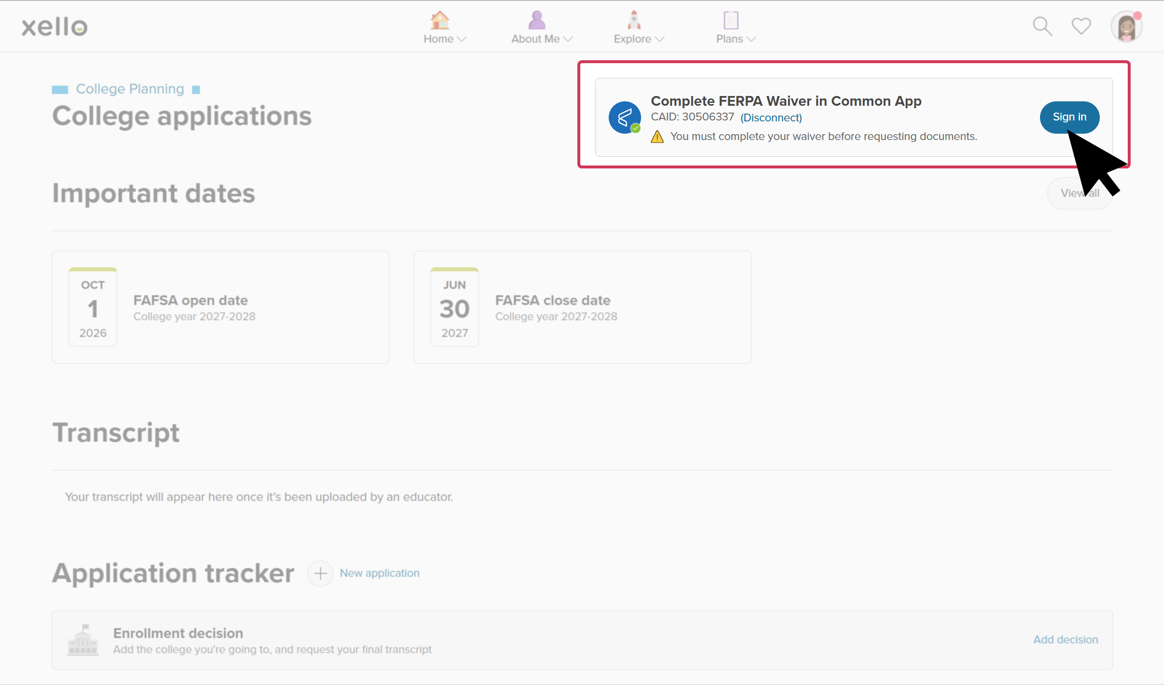 The College applications page in Xello. There's a banner with a reminder for the student to complete their FERPA Waiver in Common App before they can request documents.